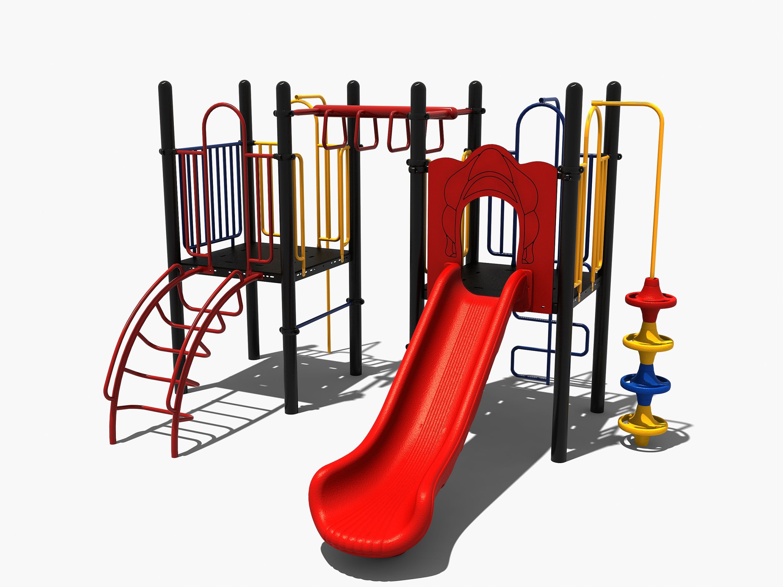 Speeltoestel met hangrek en kunststof glijbaan