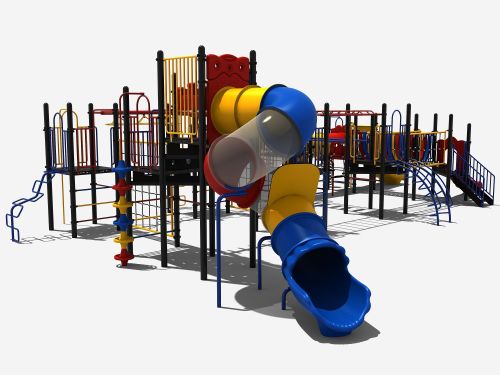 Groot speeltoestel met rondloop en buisglijbaan