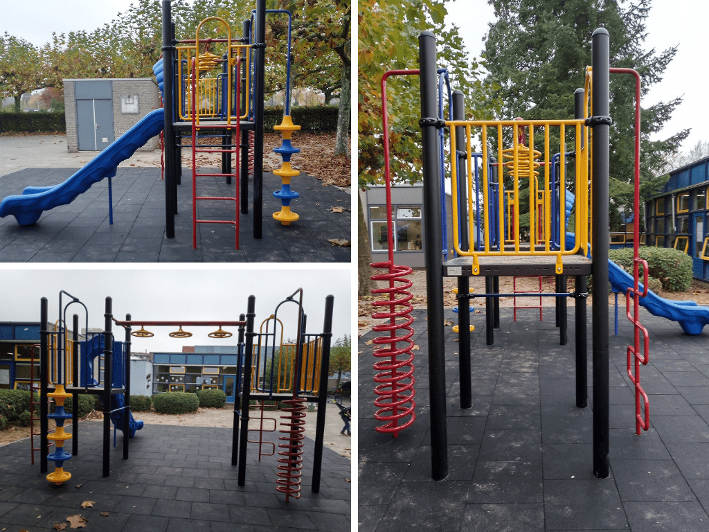 Klimtoestel met kunststof glijbaan op schoolplein van IKC Het Drieluik in Huissen