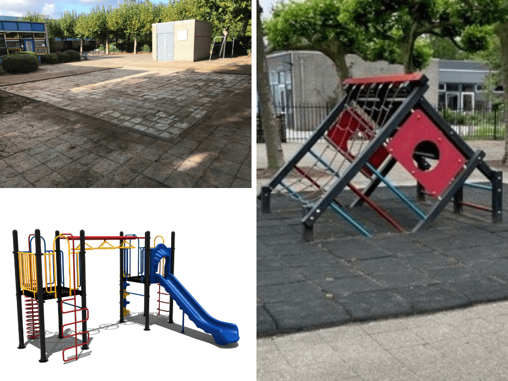 Klimtoestel met kunststof glijbaan op schoolplein van IKC Het Drieluik in Huissen