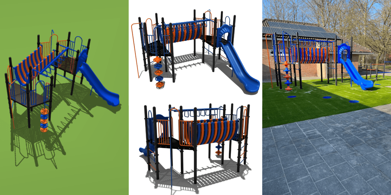 Het 3D-ontwerp, de uitgewerkte speelcombinatie en het gerealiseerde schoolplein bij OBS De Driesprong