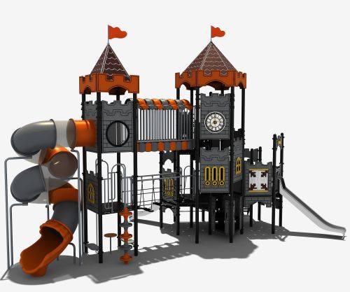 Groot kasteel met glijbanen en bruggen