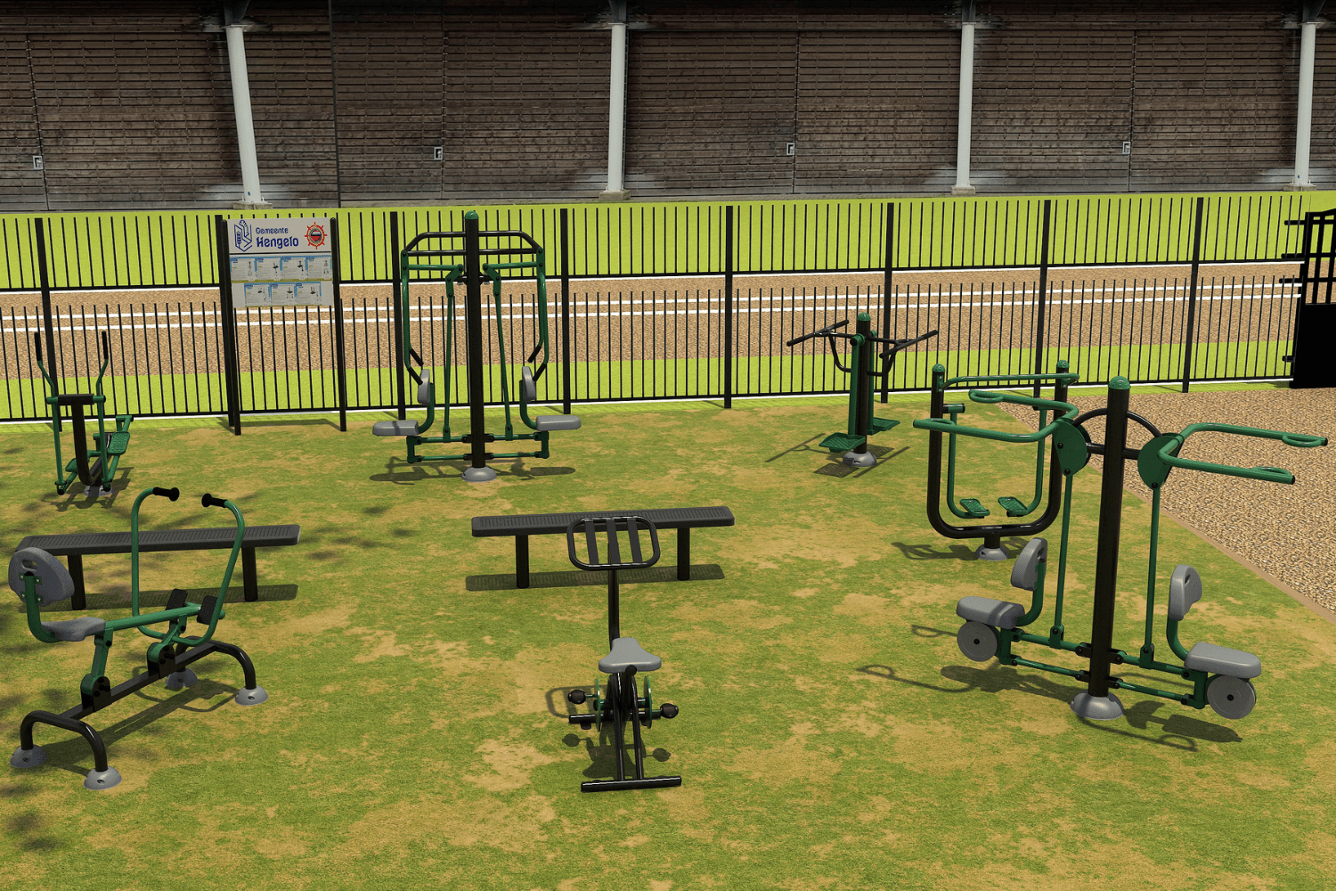 beweegtuin met outdoor fitnesstoestellen in 3D-ontwerp bij SC Barbaros in Hengelo