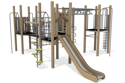 Combinatietoestel met RVS glijbaan, netbrug en rondloop