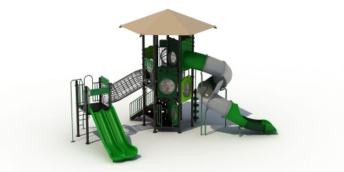 Groot speeltoestel met buisglijbaan en schaduwdoek