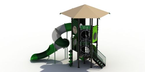 Groot speeltoestel met buisglijbaan en schaduwdoek