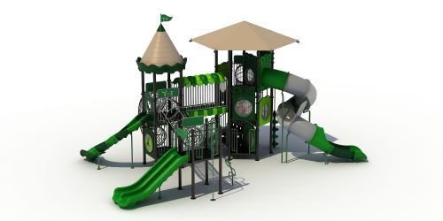 Groot speeltoestel met buisglijbaan en schaduwdoek