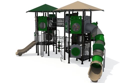 Groot speeltoestel met tunnelglijbaan, een dubbele glijbaan en klimnet